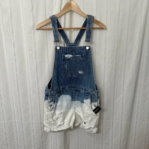 NWT💎 Blank NYC Dip Dye Bleached Distressed Cotton Overall Shorts size 27 - Picture 2 of 9